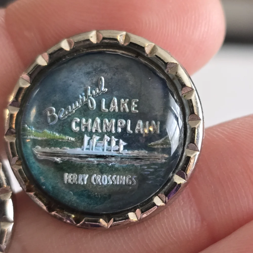 Vintage cuff links Lake Champlain Ferry Crossings silver tone bubble dome